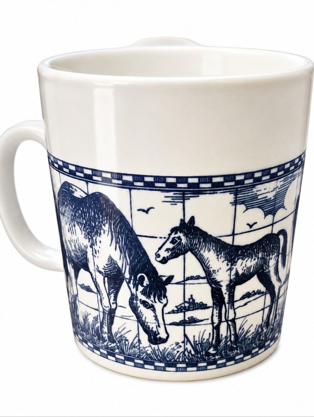 Vintage Horse Mug Set of 8 Blue & White Ceramic Coffee Tea Mugs Country Farmhous